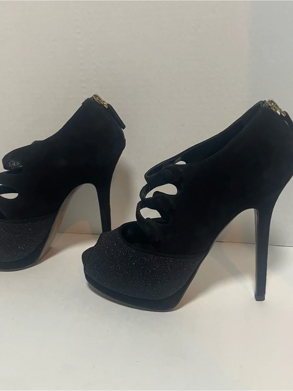 Fendi Black Suede Glitter Peep Toe Platform Booties EU 38.5